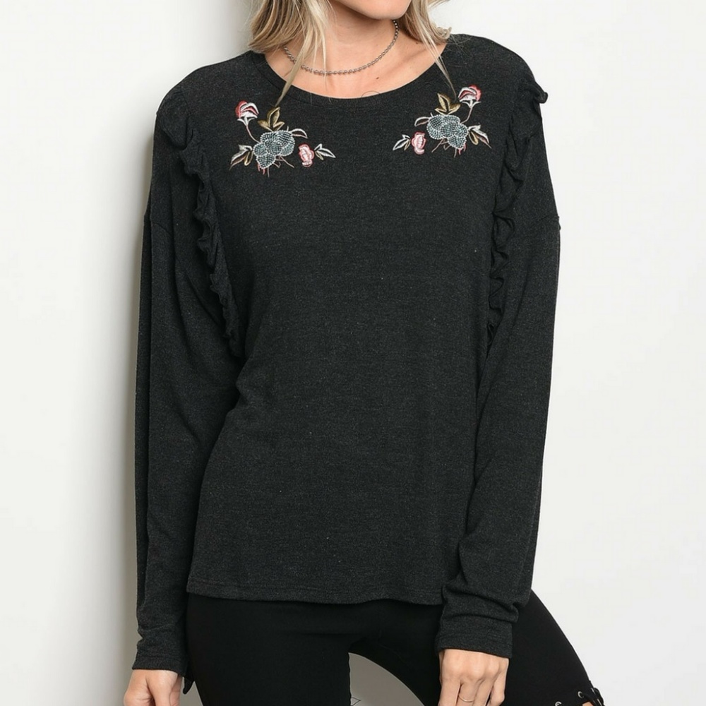 Charcoal Floral Ruffle Top {Mustard Seed} - Picture 2 of 3